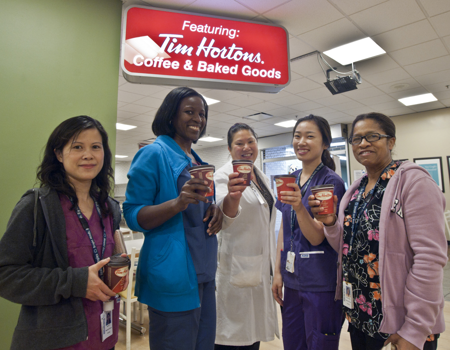 Staff with free Tim Hortons coffees